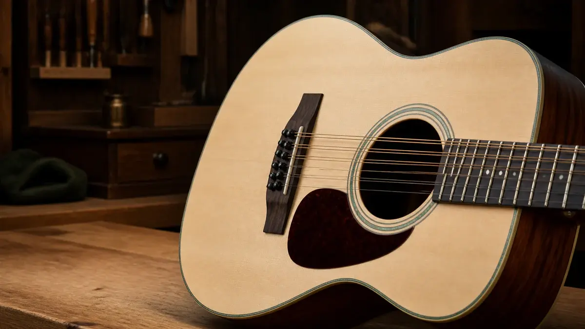 Nærbillede af en tolvstrenget akustisk guitars bro, klanghul og parrede strenge på et træværksted
