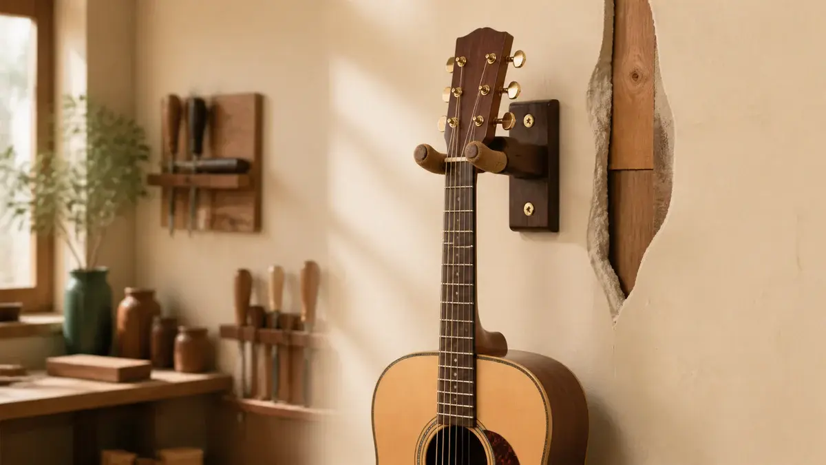 Akustisk guitar i et solidt korkforet vægophæng på en lys værkstedsvæg