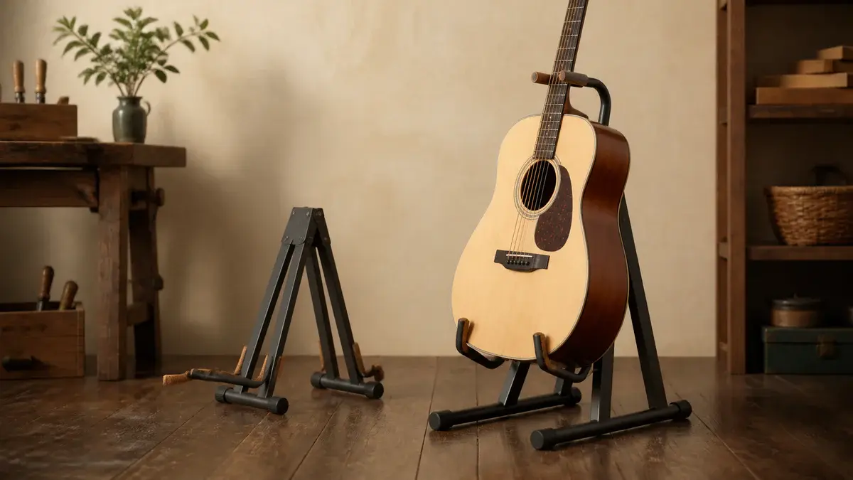 Akustisk guitar i et stabilt gulvstativ ved siden af to alternative foldestativer
